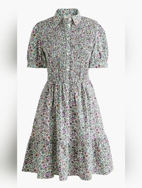 Short-sleeve Smocked Printed Shirt-dress With Pockets  Women Sz S